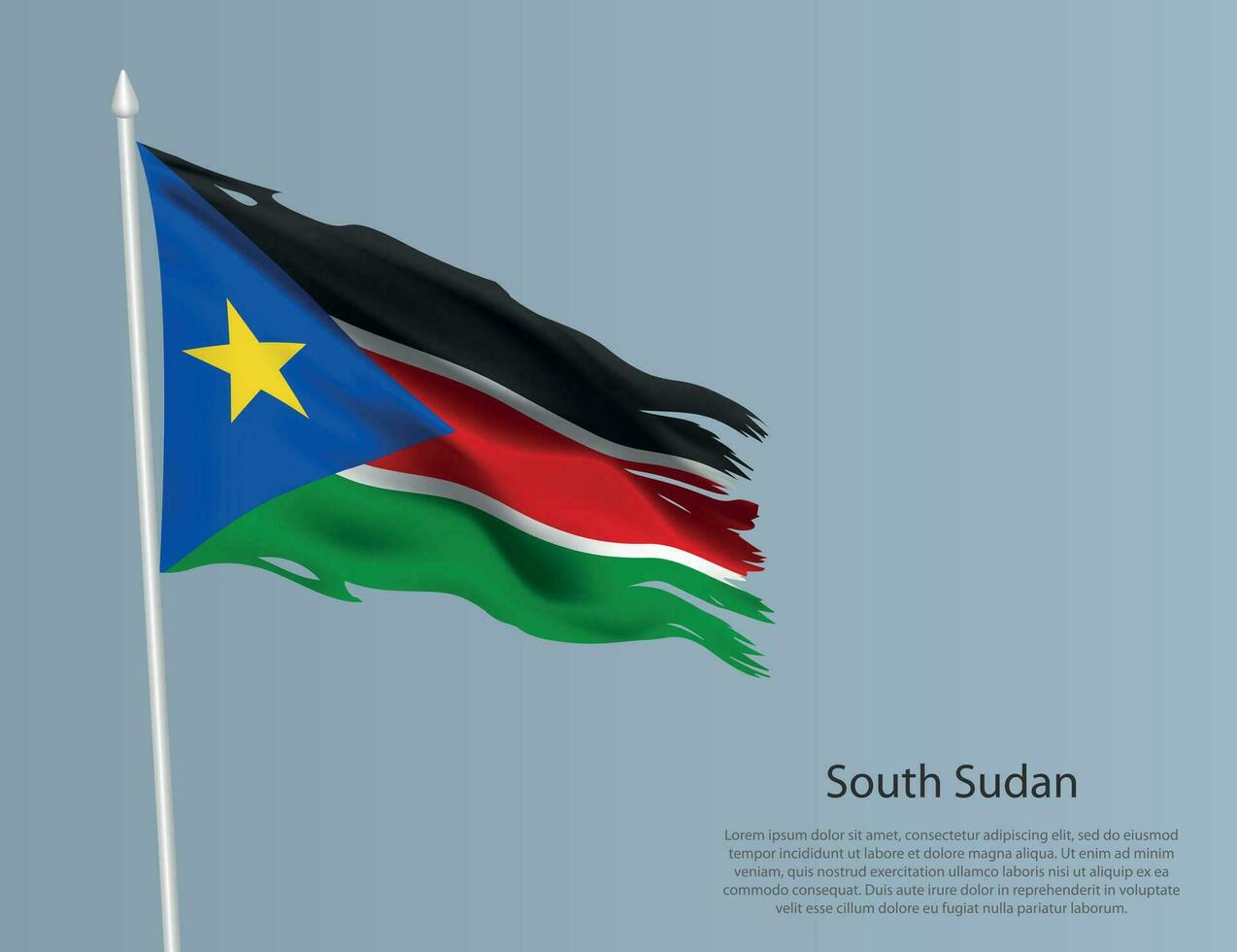 zottig National Flagge von Süd Sudan. wellig zerrissen Stoff auf Blau Hintergrund vektor