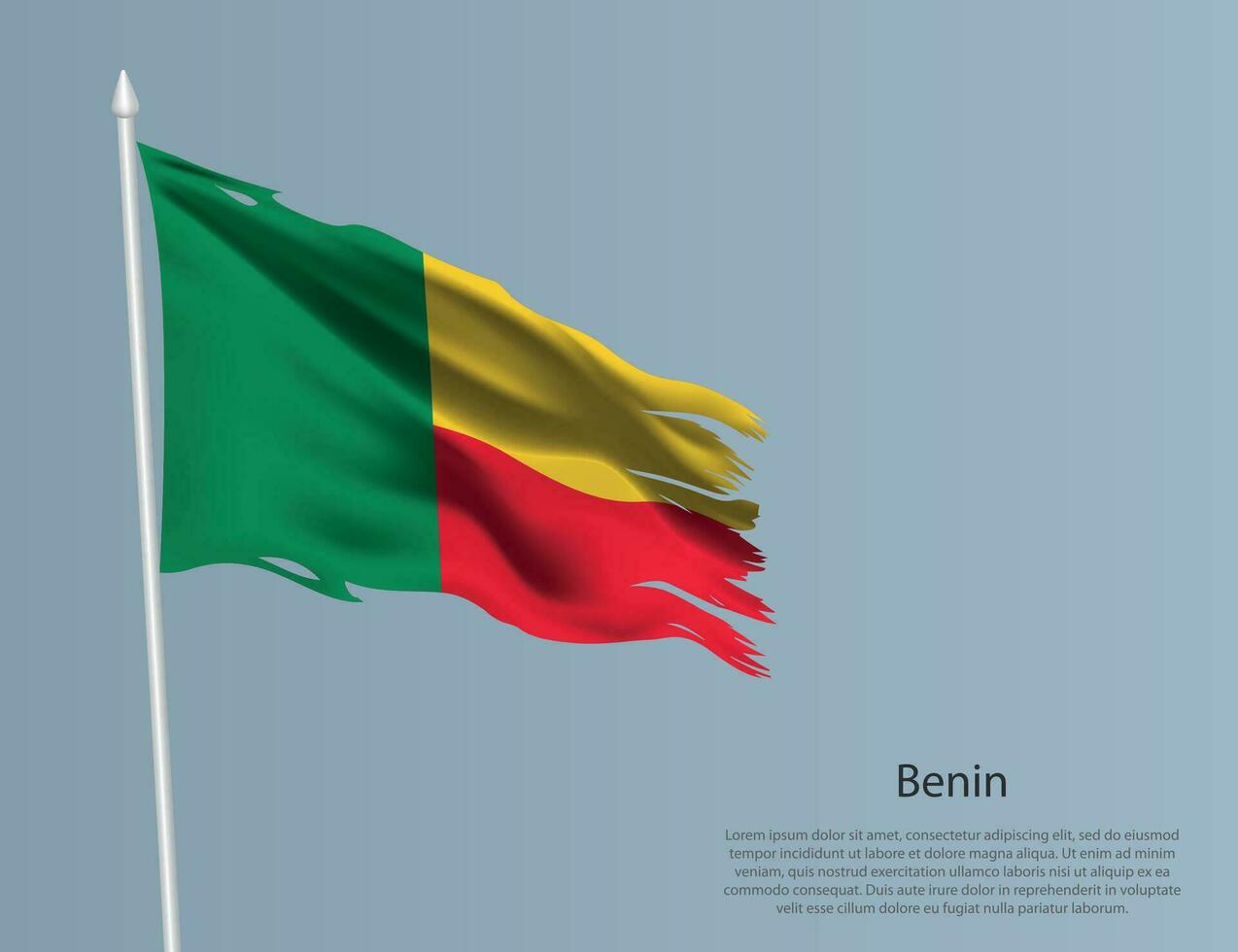 zottig National Flagge von Benin. wellig zerrissen Stoff auf Blau Hintergrund vektor