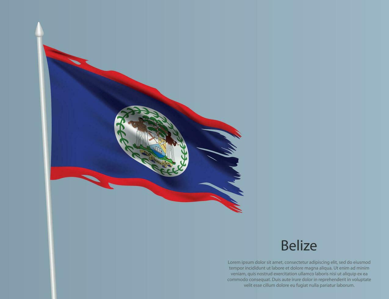 zottig National Flagge von Belize. wellig zerrissen Stoff auf Blau Hintergrund. vektor