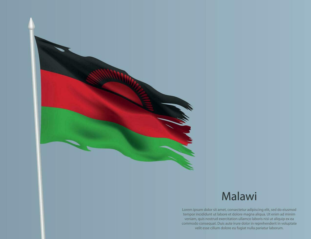 ojämn nationell flagga av malawi. vågig trasig tyg på blå bakgrund vektor