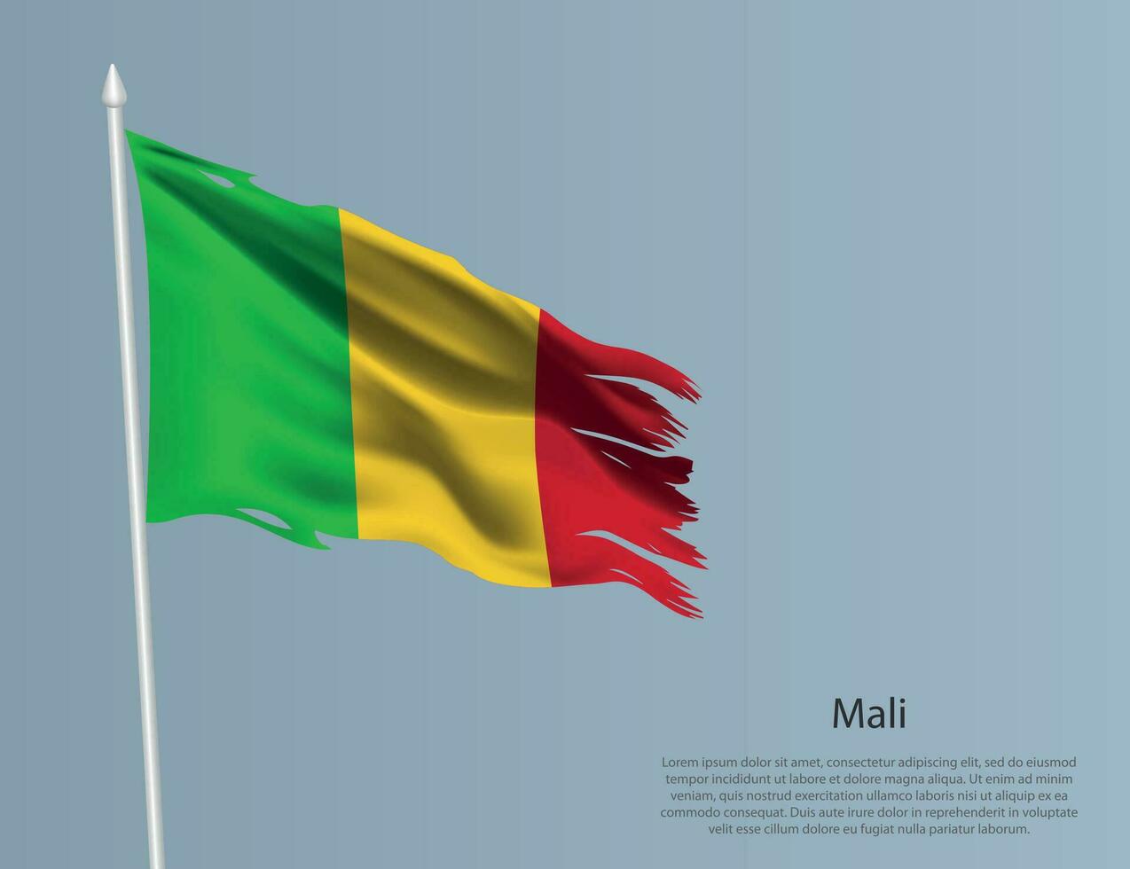 zottig National Flagge von Mali. wellig zerrissen Stoff auf Blau Hintergrund vektor