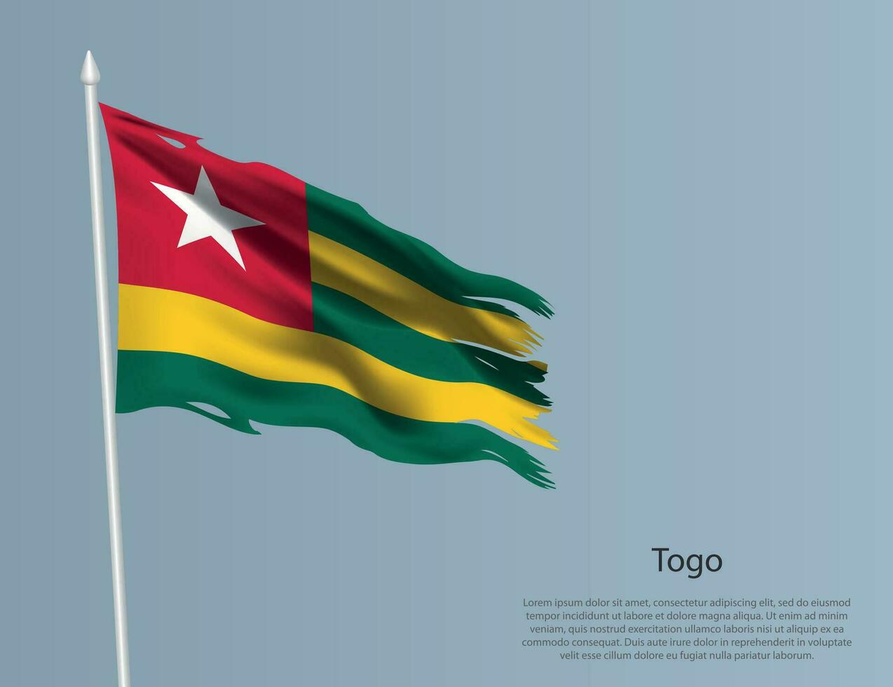ojämn nationell flagga av togo. vågig trasig tyg på blå bakgrund vektor