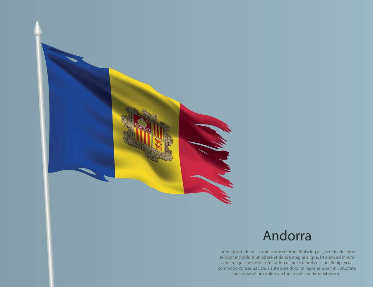 zottig National Flagge von Andorra. wellig zerrissen Stoff auf Blau Hintergrund vektor