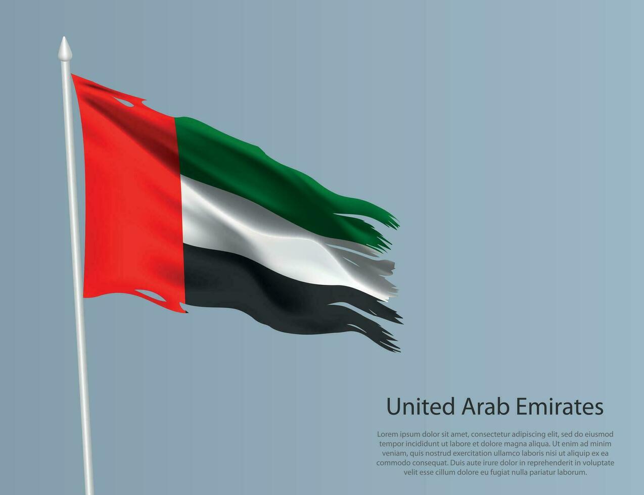 zottig National Flagge von vereinigt arabisch Emirate. wellig zerrissen Stoff auf Blau Hintergrund vektor