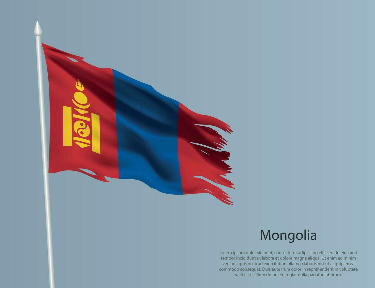 zottig National Flagge von Mongolei. wellig zerrissen Stoff auf Blau Hintergrund vektor