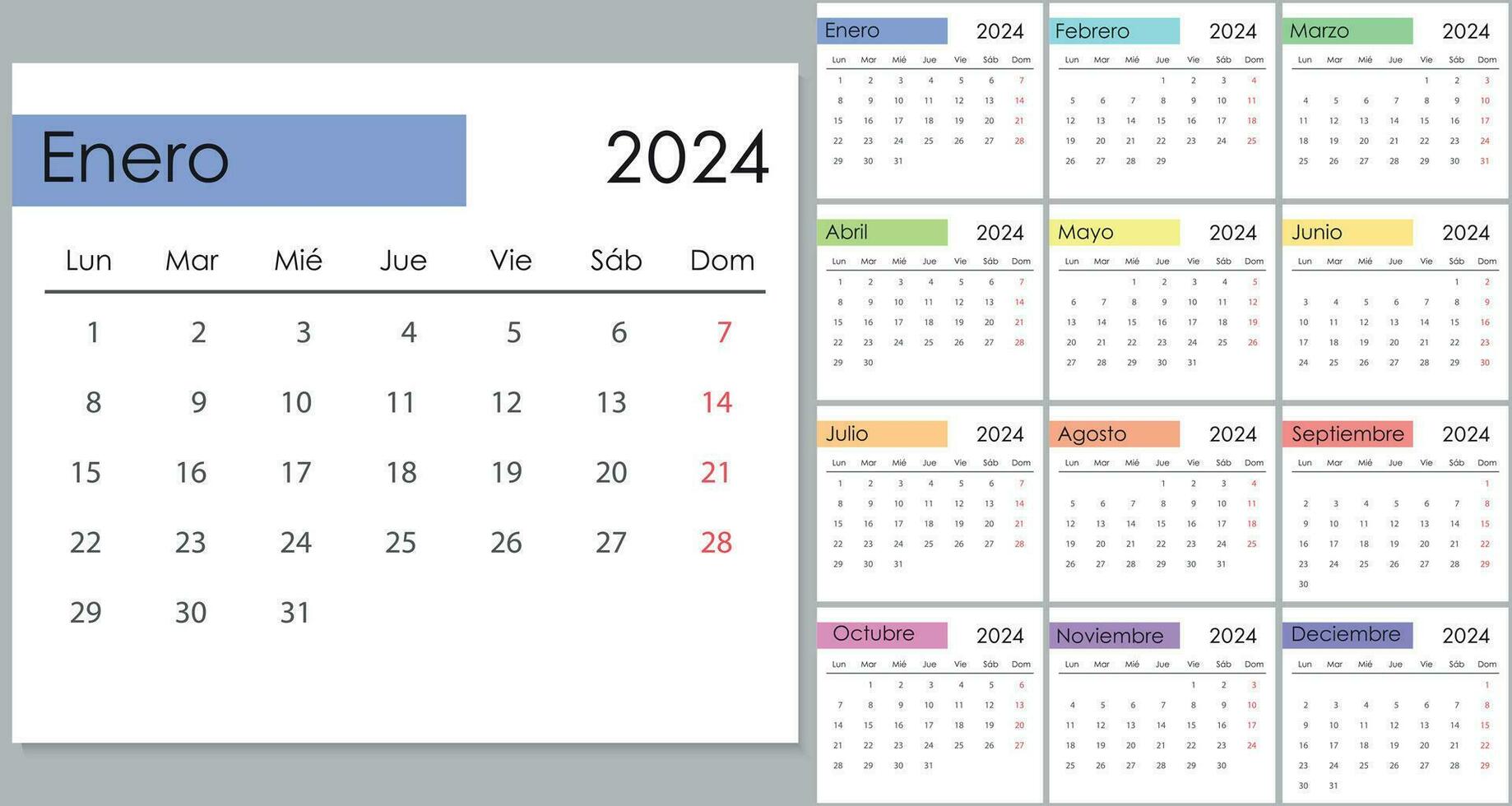 Kalender 2024 auf Spanien Sprache, Woche Start auf Montag vektor