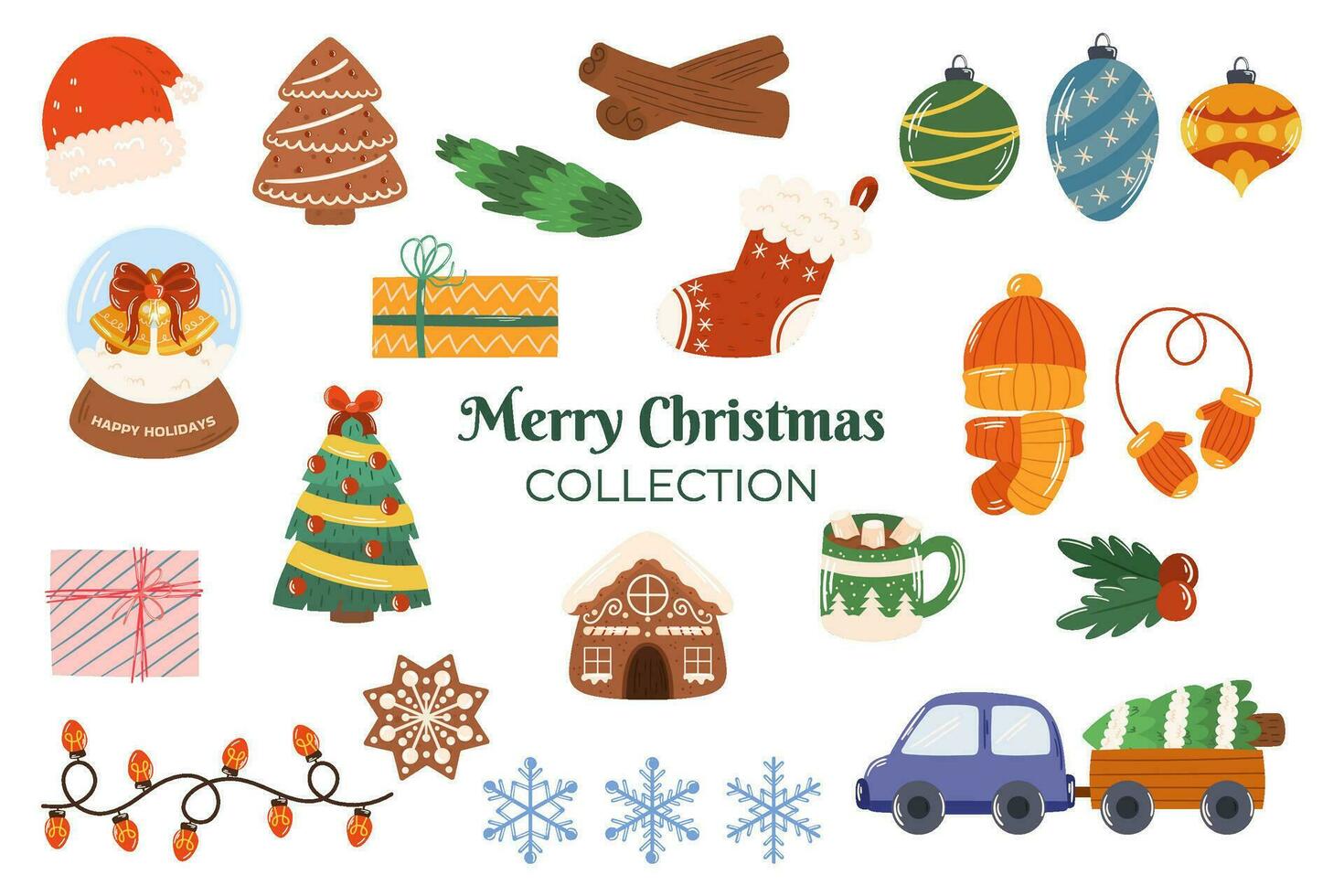 Weihnachten Sammlung von anders Elemente eine solche ein Santa Hut, Lebkuchen Kekse, Schneekugel, Auto mit Baum, Geschenkbox, warm Hut, Kakao mit Mäusespeck, Schneeflocke vektor