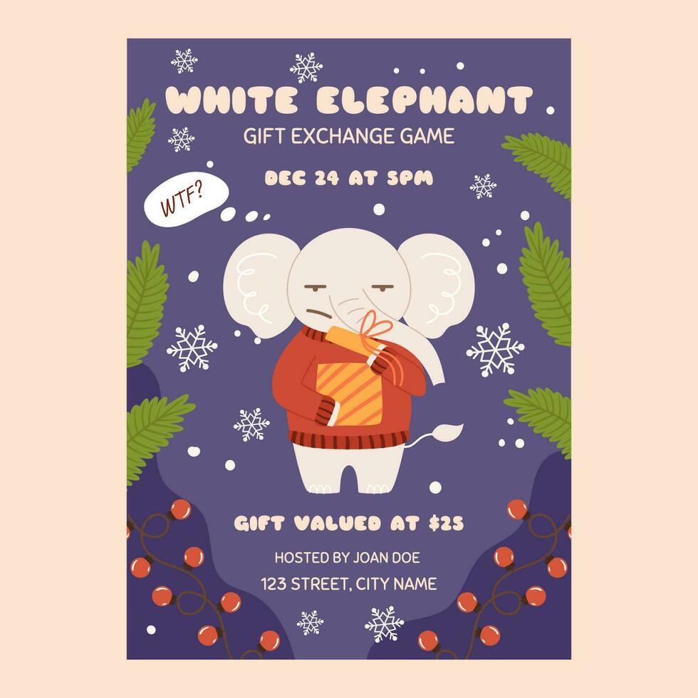 Weiß Elefant Geschenk Austausch Party Spiel Vorlage. komisch mürrisch Charakter im rot Sweatshirt Wer ist überrascht durch Was er sieht im das Geschenk Kasten. Weihnachten Party vektor