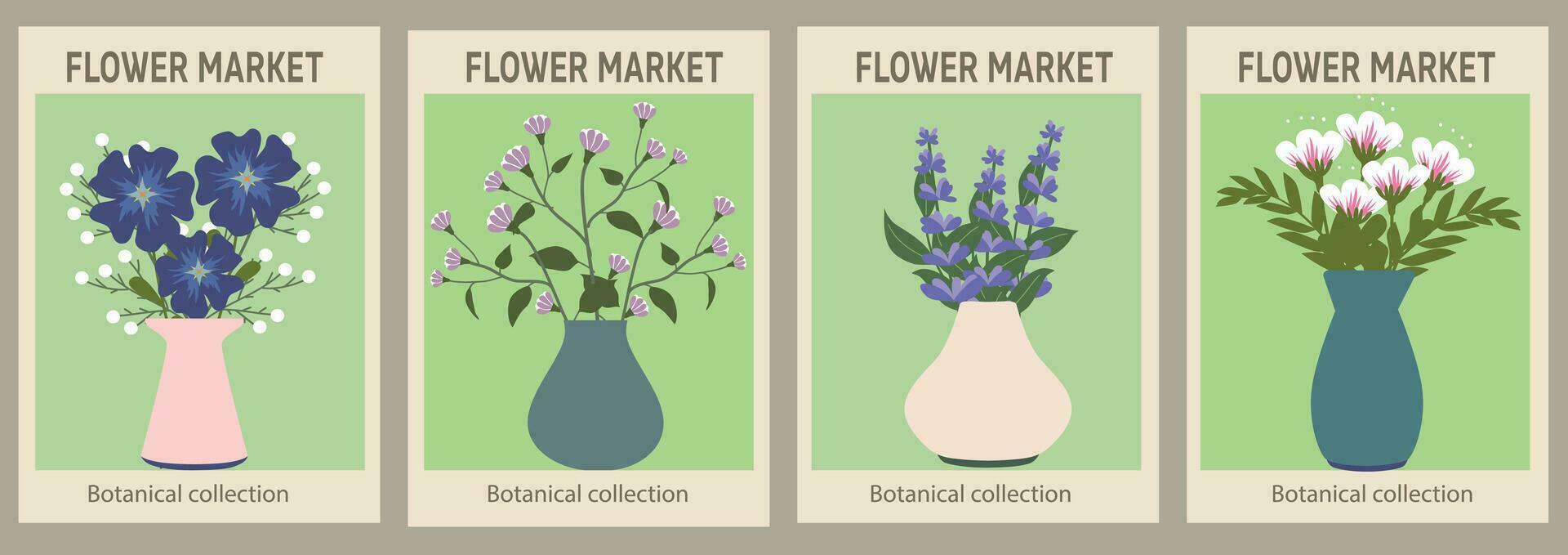 uppsättning av botanisk posters med annorlunda blommor. botanisk vägg konst samling, årgång affisch estetisk. affisch för vykort, vägg konst, baner, bakgrund, för utskrift. vektor konst illustration