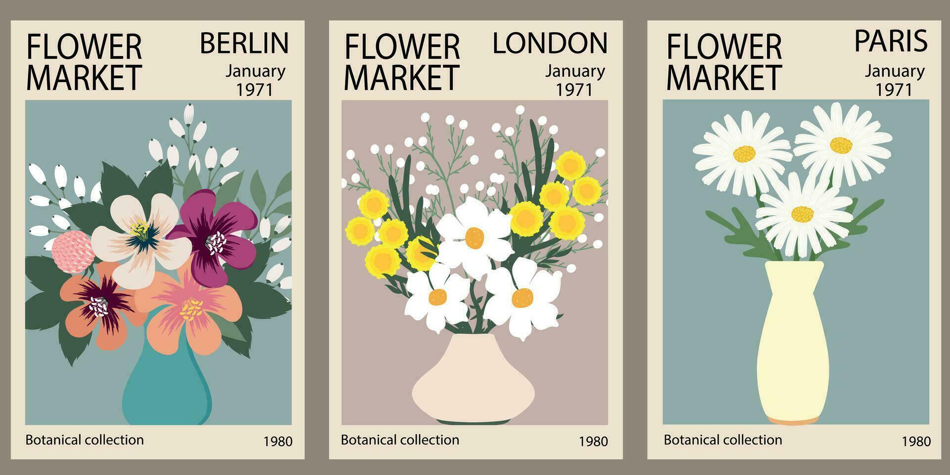 uppsättning av abstrakt blomma marknadsföra affischer. trendig botanisk vägg konst med blommig design i ljus färger. modern naiv häftig skraj interiör dekorationer. vektor konst illustration