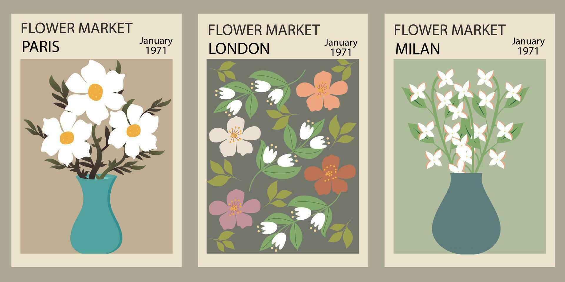 uppsättning av abstrakt blomma marknadsföra kompositioner. trendig botanisk blommig design i pastell färger för hälsning kort, inbjudningar, affischer, vägg konst. vektor illustration