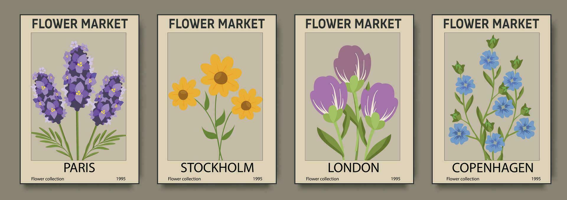 abstrakt uppsättning blomma marknadsföra affischer. trendig botanisk vägg konst med blommig design i jord tona pastell färger. modern naiv häftig skraj interiör dekorationer, målningar. vektor illustration