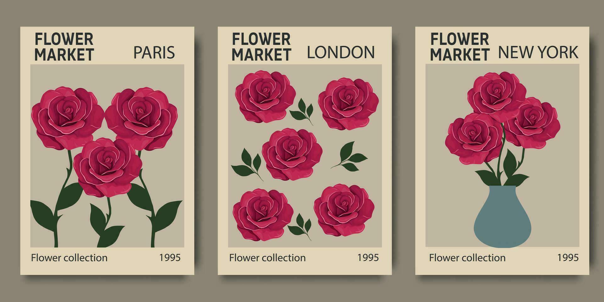 abstrakt einstellen Blume Markt Plakate mit Rose. modisch botanisch Mauer Kunst mit Blumen- Design im hell Farben. modern naiv groovig funky Innere Dekorationen, Gemälde. Vektor Kunst Illustration.