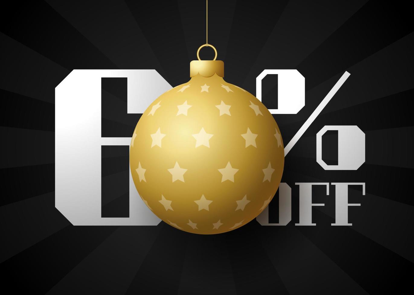 Frohe Weihnachten großes Verkaufsbanner. Luxus-Weihnachtsverkauf 60 Prozent Rabatt auf schwarze königliche Banner-Vorlage mit verzierter goldener Kugel hängt an einem Faden. Frohes neues Jahr und Weihnachtsvektorillustration vektor