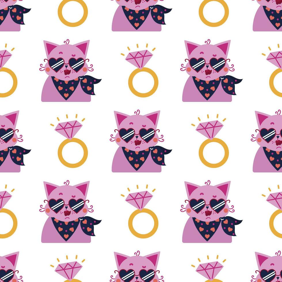 glücklich Valentinsgrüße Tag nahtlos Vektor Muster. süß Mädchen Katze im stilvoll herzförmig Sonnenbrille, Hochzeit Ring. Rosa Kätzchen im ein Halstuch, hell Juwel mit Diamant. eben Karikatur Hintergrund zum drucken