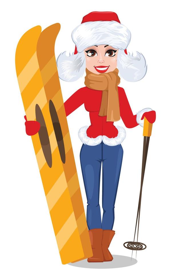 vacker kvinna i vinterkläder som håller skidor. vektor