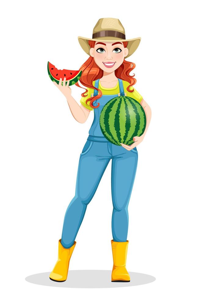 vacker kvinna bonde innehar läckra vattenmelon vektor