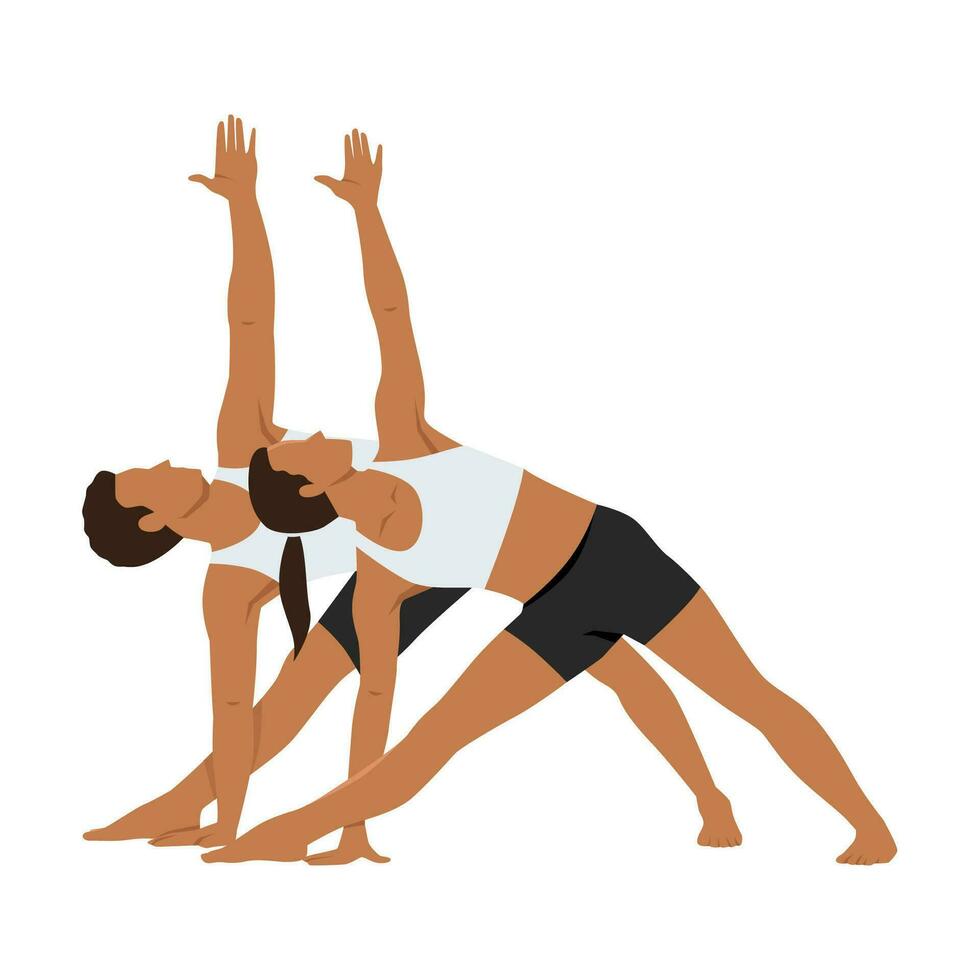 ung par stretching böjning till ett sida. par håller på med stretching träning, utökad triangel utgör, utthita trikonasana vektor