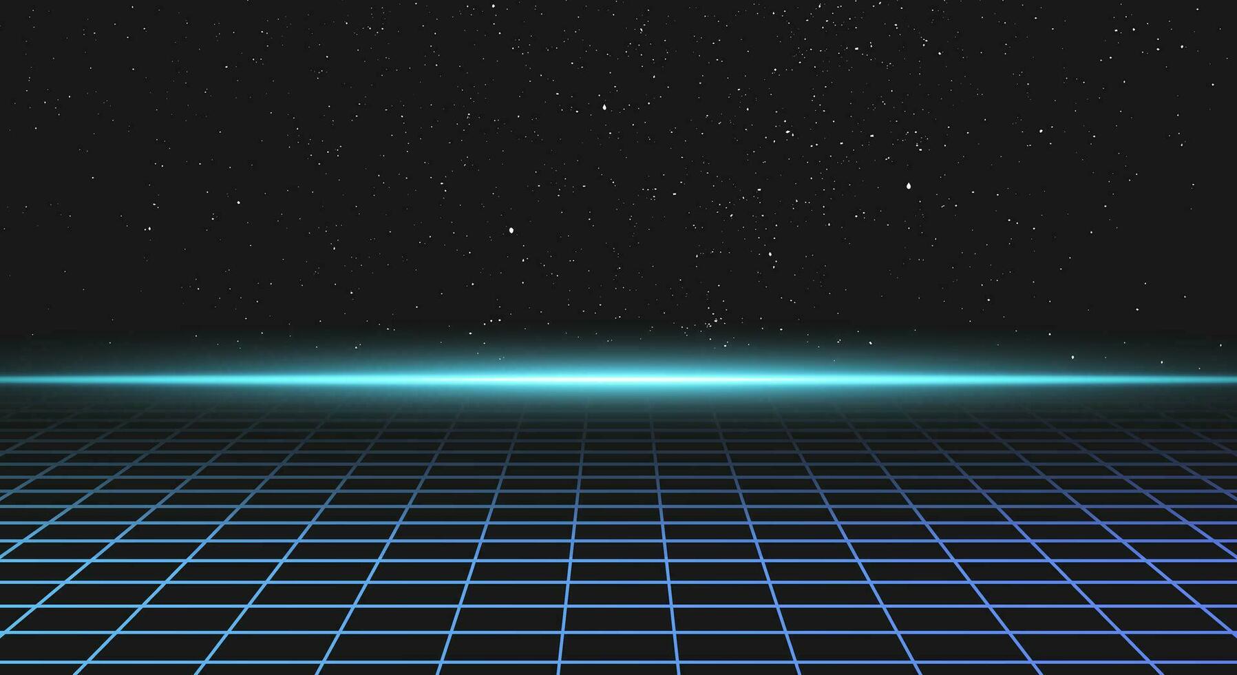 Synthwave Landschaft mit Netz, Strahl von Licht auf das Horizont und Sterne im das Hintergrund. 80er Jahre Galaxis Horizont. Laser- geometrisch 3d Grafik. 90er Jahre entkommen Design. Cyberpunk Schwingungen. futuristisch Neon- Layout. vektor