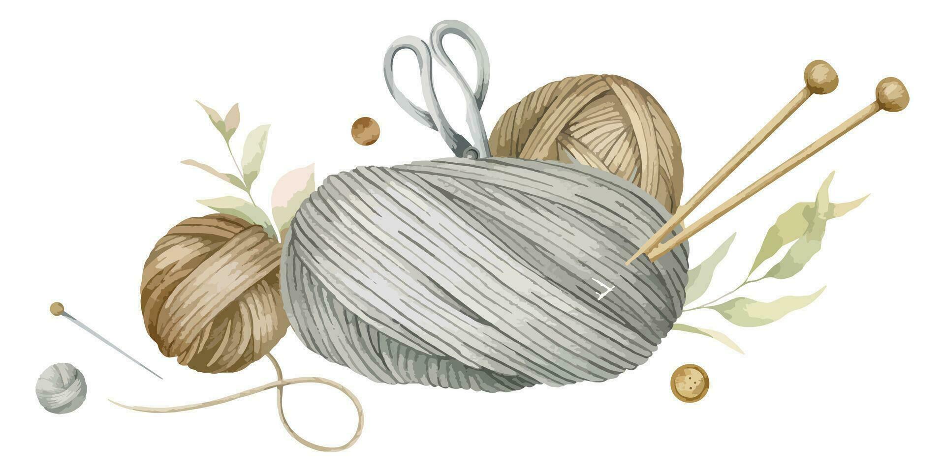 garn bollar och stickning nålar. trä- stickning nålar, bollar av ull, skeins av garn. vattenfärg illustration dragen förbi händer. isolerat. för produkt förpackning design, stickare blogg, handarbete Lagra vektor