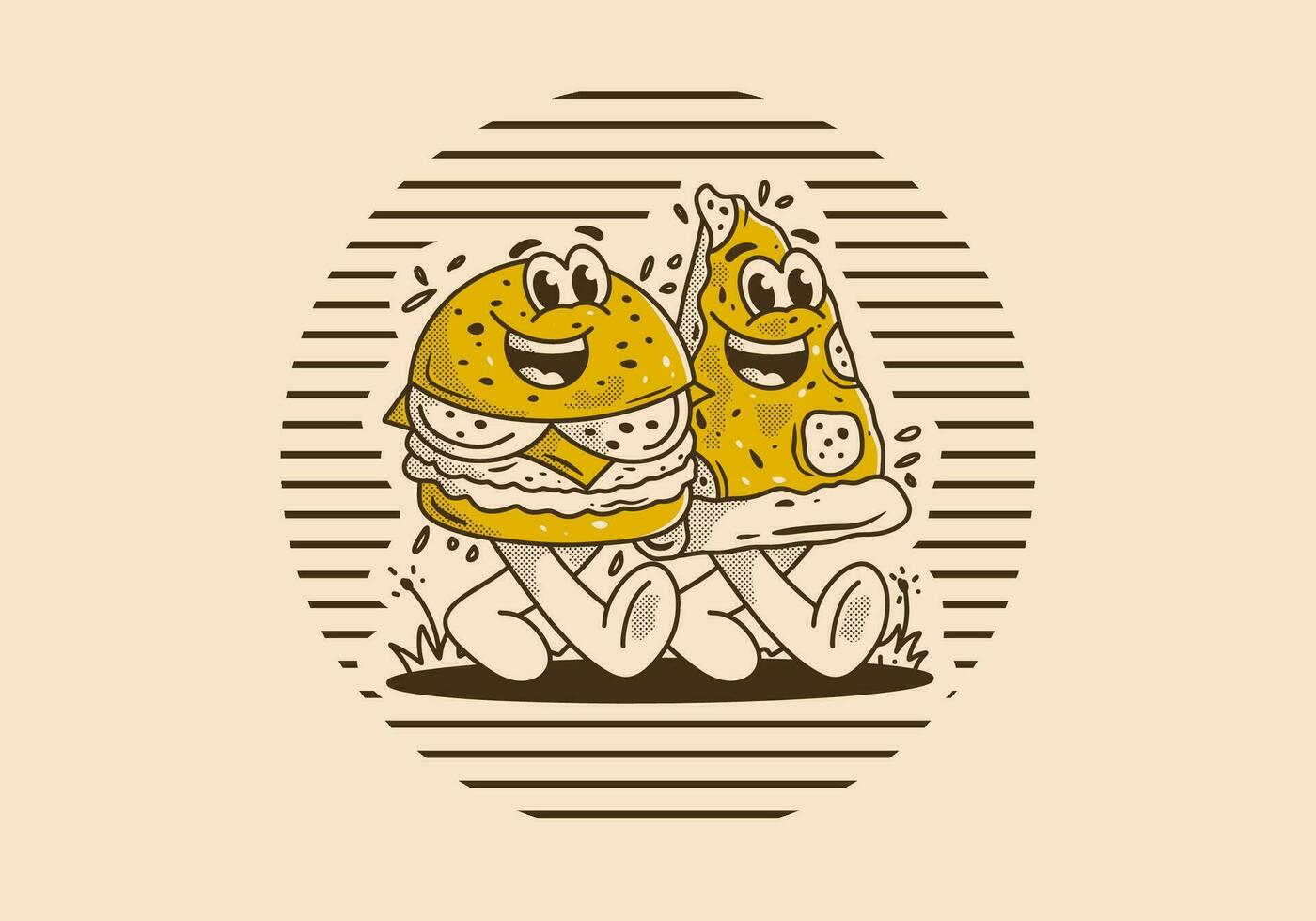 Charakter Illustration von Gehen Burger und Pizza vektor