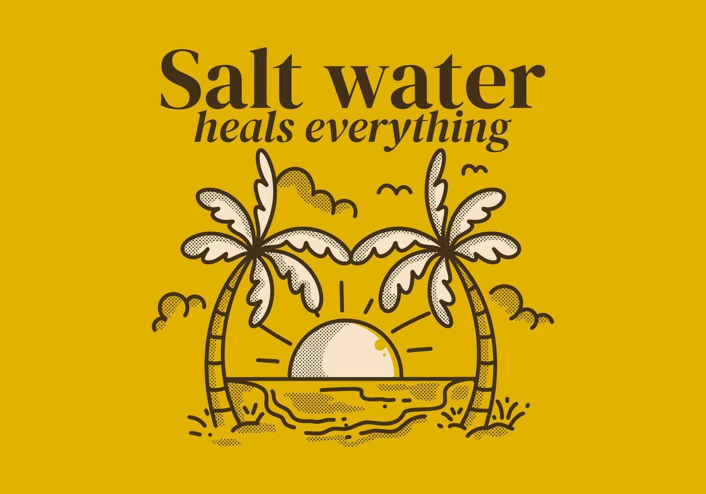 salt vatten läker allt. retro linje konst illustration av en strand med stor Sol vektor