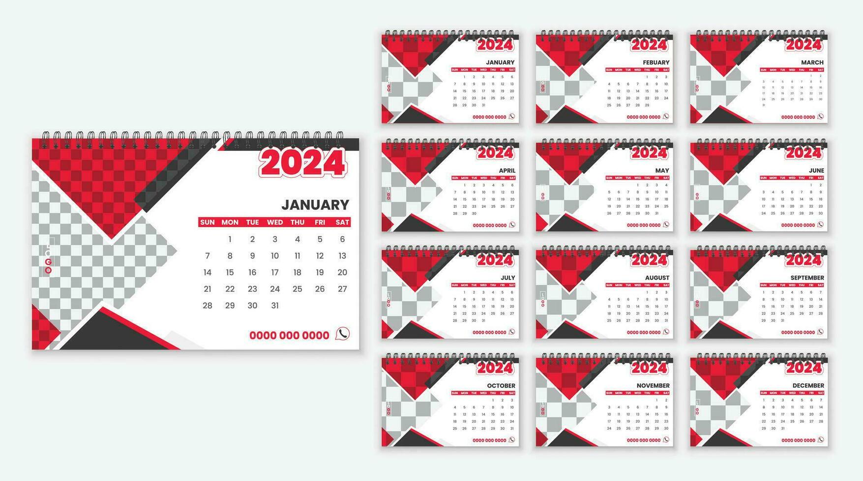 Schreibtisch Kalender Design im ein kreativ Stil zum 2024. einstellen von 12 Monate Profi Vektor
