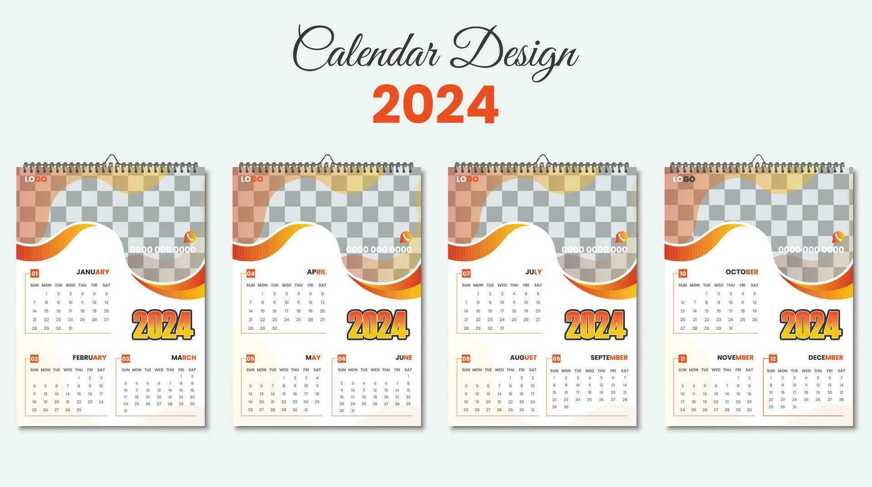 Mauer Kalender und Planer Tagebuch Vorlage zum das Jahr 2024. kreativ korporativ 12 Monate Mauer Kalender 2024. vektor