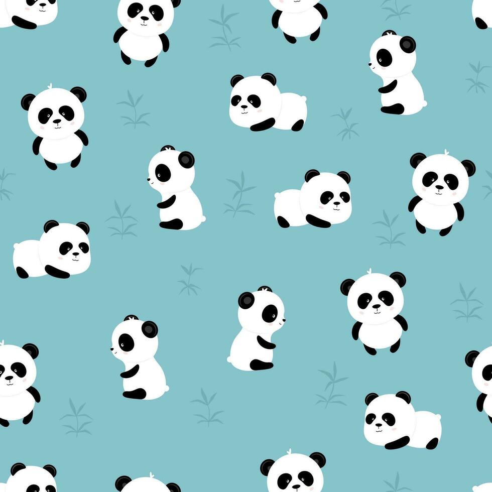 sömlös mönster av söt tecknad serie panda på blå bakgrund och kvist bambu vektor