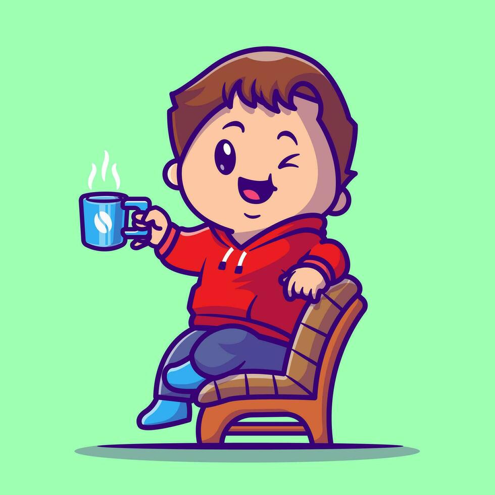 süß Junge trinken heiß Kaffee auf Stuhl Karikatur Vektor Symbol Illustration. Menschen Bildung Symbol Konzept isoliert Prämie Vektoren. eben Karikatur Stil