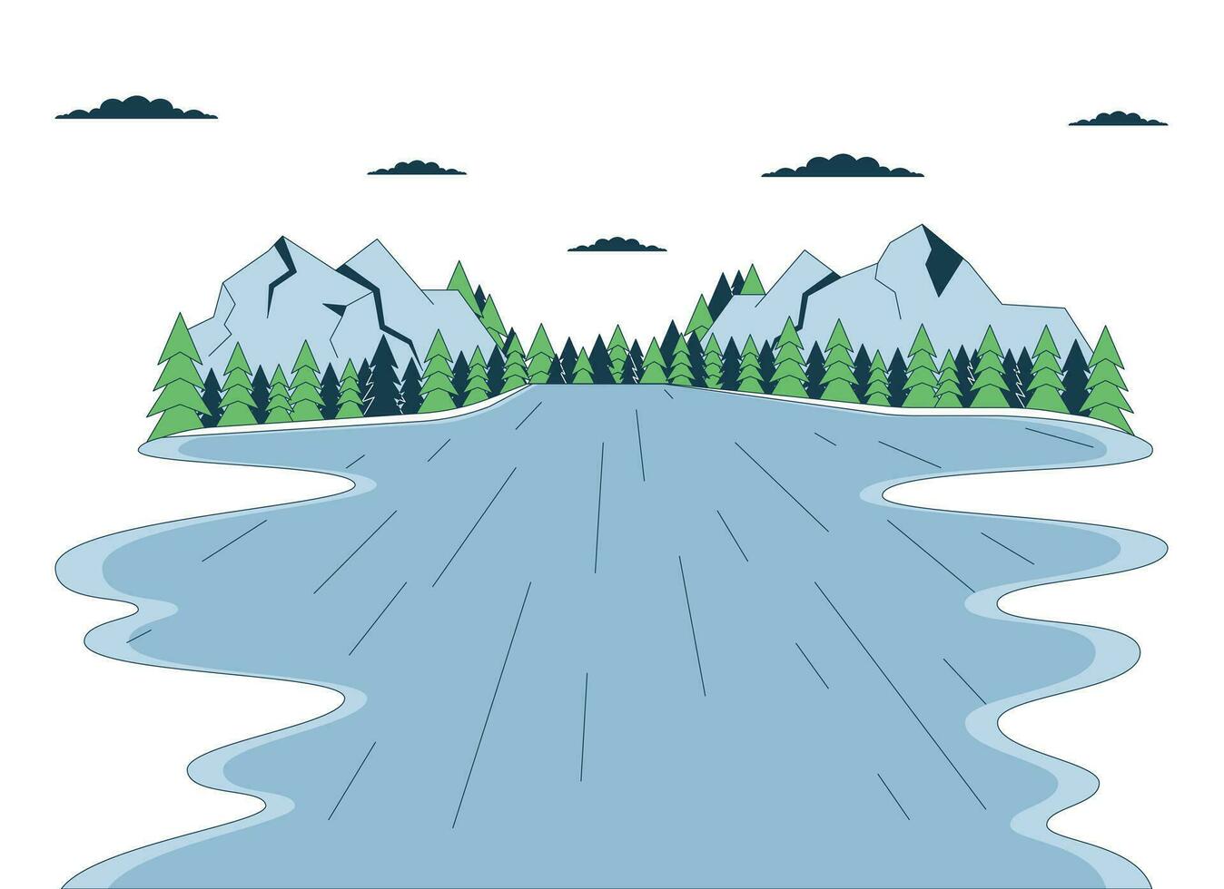 See Wald Berge Linie Karikatur eben Illustration. Kiefer Bäume Fluss Berghang 2d lineart Landschaft isoliert auf Weiß Hintergrund. Wildnis Wasser friedlich draußen Szene Vektor Farbe Bild