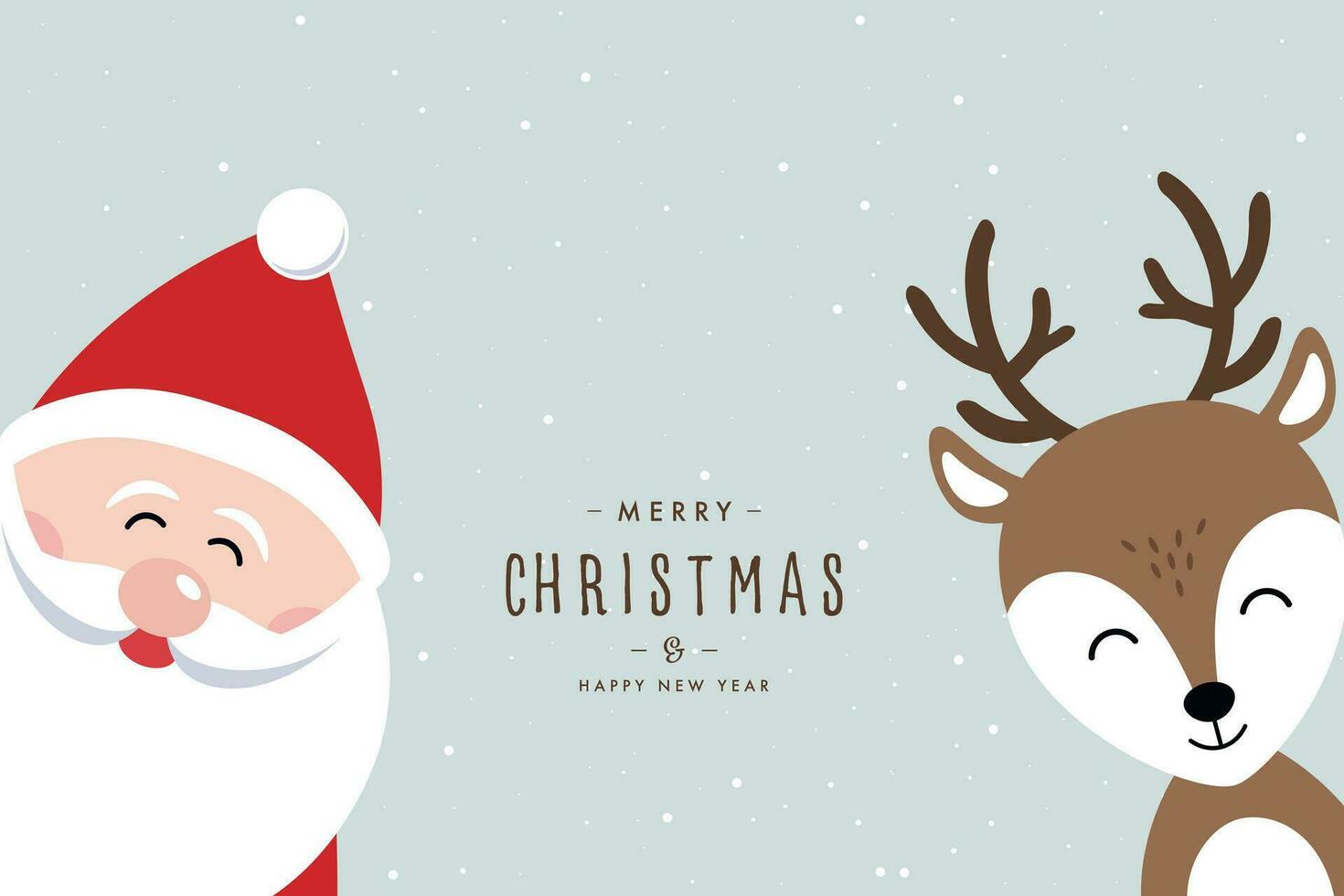 Santa und Rentier süß Karikatur fröhlich Weihnachten Beschriftung schneebedeckt Hintergrund vektor
