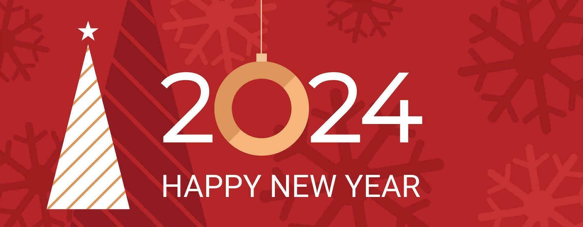 2024 Neu Jahr Banner und Gruß, Party Einladung, Grafik Vorlage mit eben Tanne Baum, Schneeflocken Dekorationd und Text. Urlaub Hintergrund Vektor Illustration.