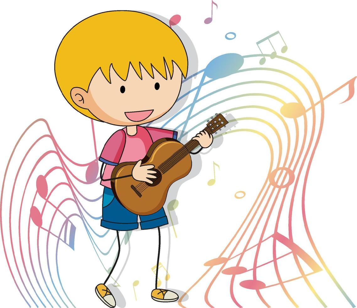 Cartoon kritzelt einen Jungen, der Gitarre mit Melodiesymbolen spielt vektor