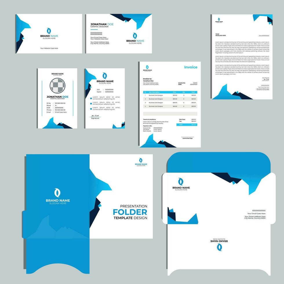 varumärke identitet mock-up av brevpapper uppsättning med blå abstrakt geometrisk design. företag kontor stationär attrapp mall av fil mapp, årlig Rapportera, företag kort vektor