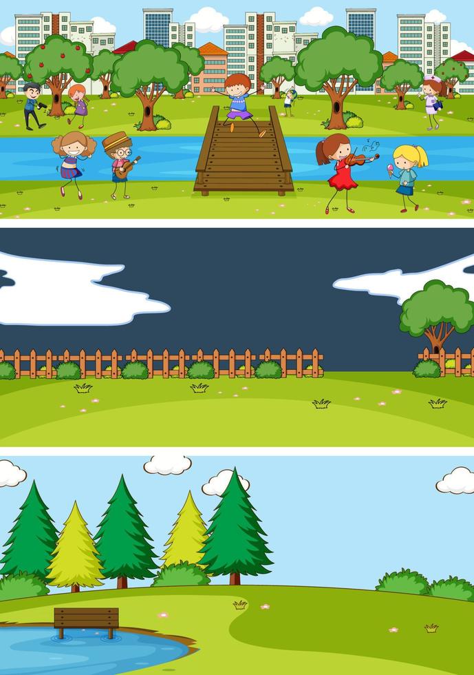 uppsättning av olika horisont scener bakgrund med doodle barn seriefigur vektor