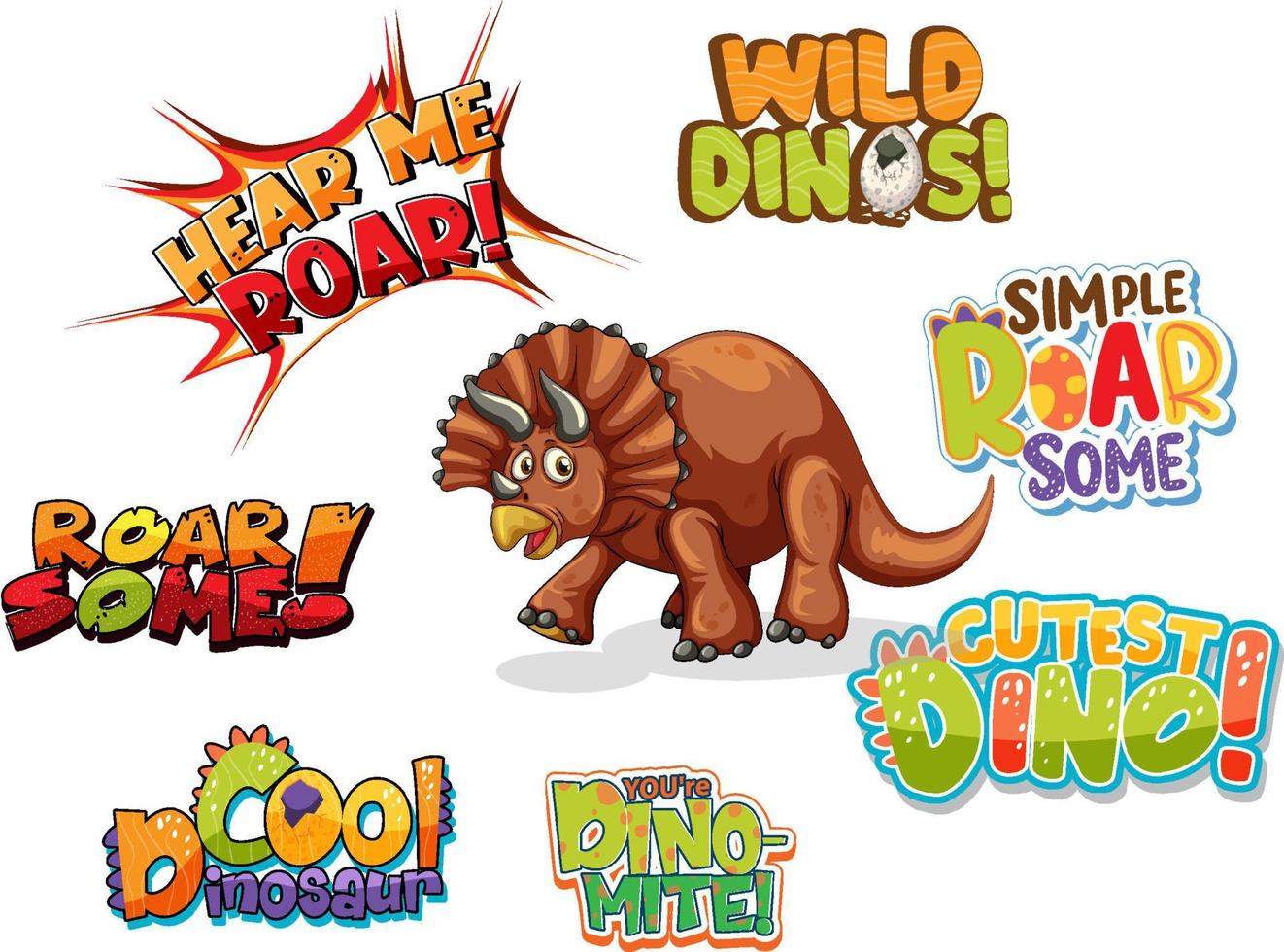 Set aus verschiedenen Dino-Wort-Typografie-Designs mit einem süßen Triceratop-Cartoon-Charakter vektor