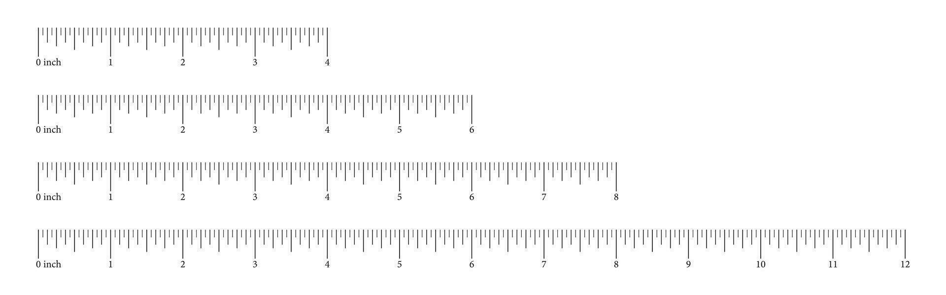 einstellen Messung Diagramme mit 4, 6, 8, 12 Zoll. Sammlung von Vorlagen Lineale Rahmen mit Zahlen. Länge Messung Mathematik, Distanz, Höhe. Nähen Werkzeug. Vektor Illustration.