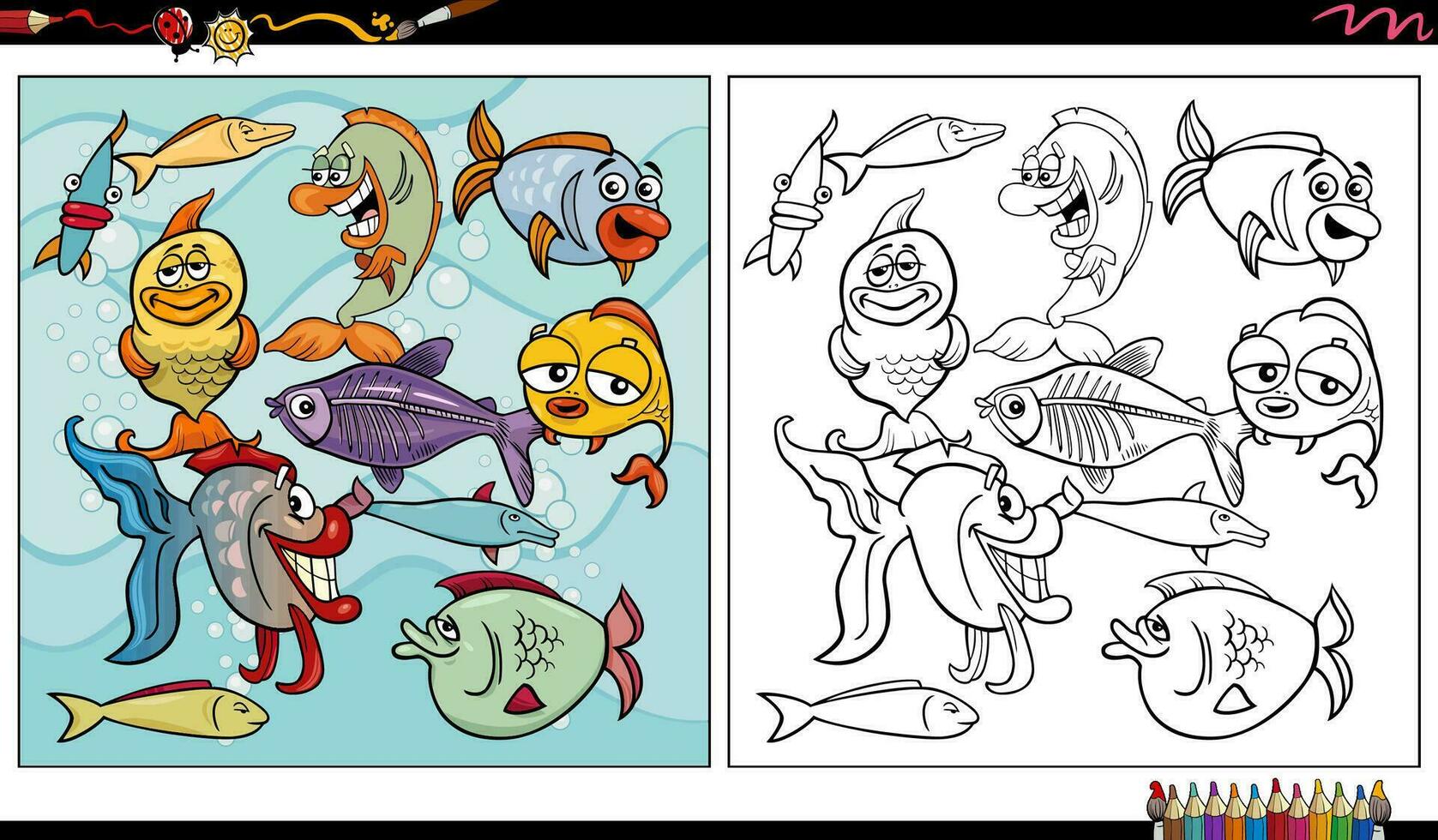 Karikatur Fisch Marine Tier Zeichen Gruppe Färbung Seite vektor