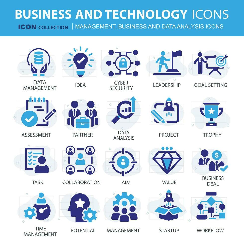 Geschäft, Daten Analyse, Organisation Verwaltung und Technologie Symbol Satz. Zusammenarbeit, Strategie, Planung, Marketing, Wolke Technologie, Daten Analyse, Mitarbeiter Symbol Satz. Symbole Vektor Sammlung