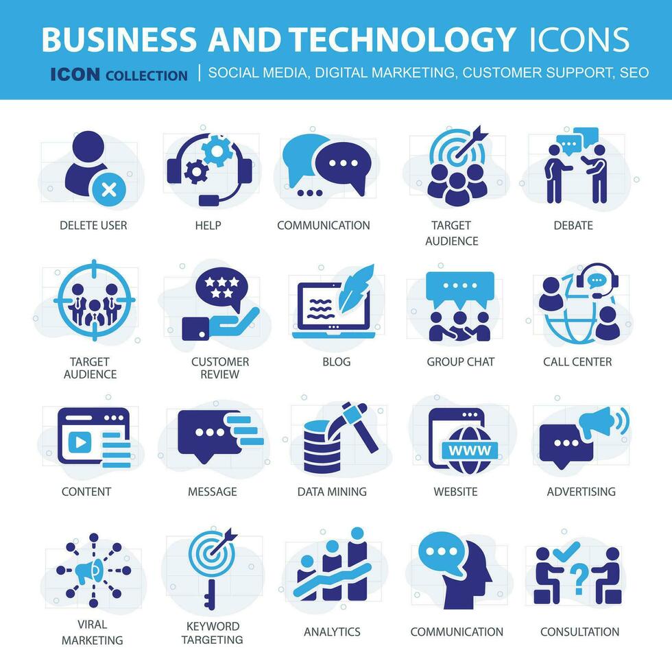 Geschäft, Daten Analytik, Organisation Verwaltung Symbole. Sozial Medien, Digital Marketing, Kunde Unterstützung und SEO Symbol Satz. Vektor Symbol Sammlung