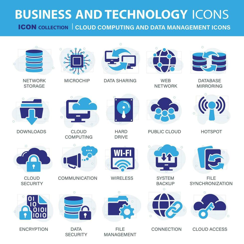 Geschäft, Wolke, Technologie Symbol Satz. Wolke Computing und Daten Verwaltung Symbol Satz. Symbole Vektor Sammlung