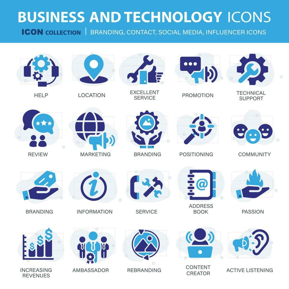 kund service, varumärke, influencer, Kontakt ikon uppsättning. Kontakt oss, efterföljare, marknadsföring, ledarskap, inflytande, innehåll, gemenskap och kund ikoner. Stöd och tillfredsställelse ikon uppsättning. vektor uppsättning