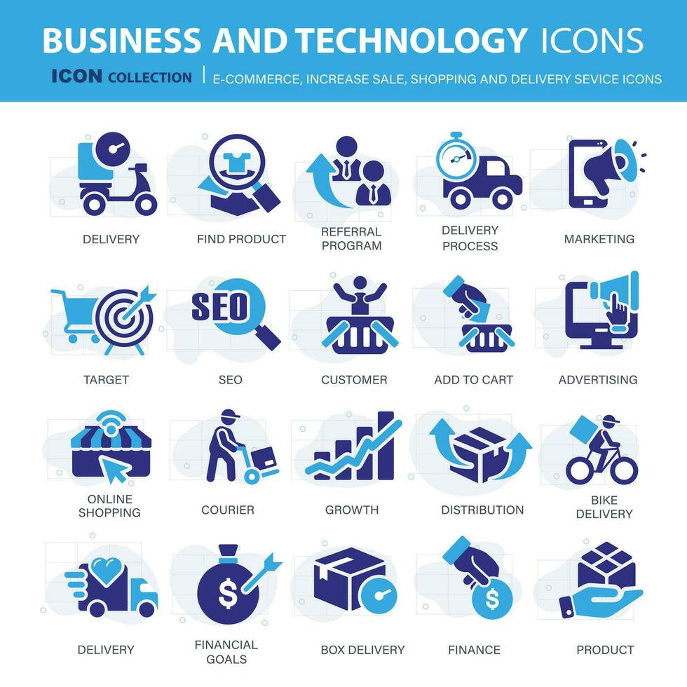 E-Commerce, erhöhen, ansteigen Verkauf, auf Linie Einkaufen und Digital Finanzen Symbol Sammlung. eben Vektor Illustration