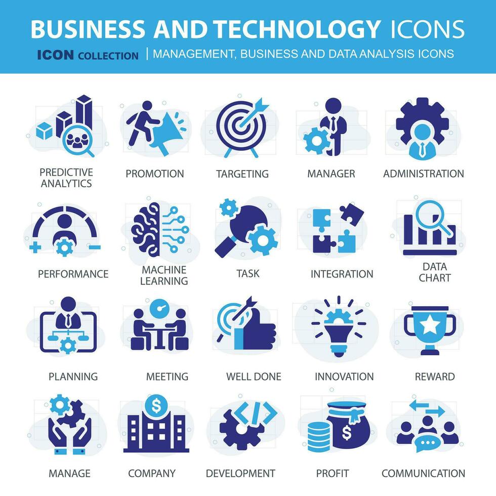 Geschäft, Daten Analyse, Organisation Verwaltung und Technologie Symbol Satz. Zusammenarbeit, Strategie, Planung, Marketing, Wolke Technologie, Daten Analyse, Mitarbeiter Symbol Satz. Symbole Vektor Sammlung