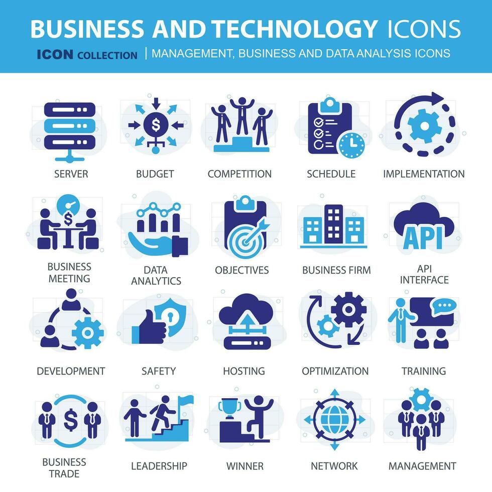 Geschäft, Daten Analyse, Organisation Verwaltung und Technologie Symbol Satz. Zusammenarbeit, Strategie, Planung, Marketing, Wolke Technologie, Daten Analyse, Mitarbeiter Symbol Satz. Symbole Vektor Sammlung