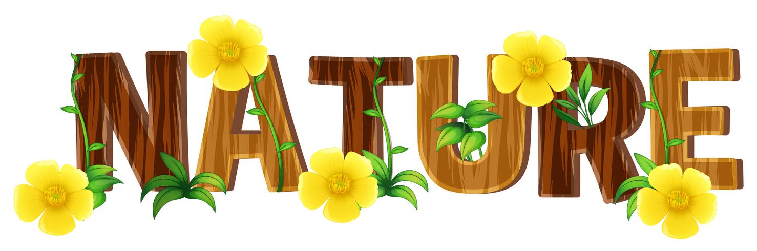 Font design för ord natur med gula blommor vektor