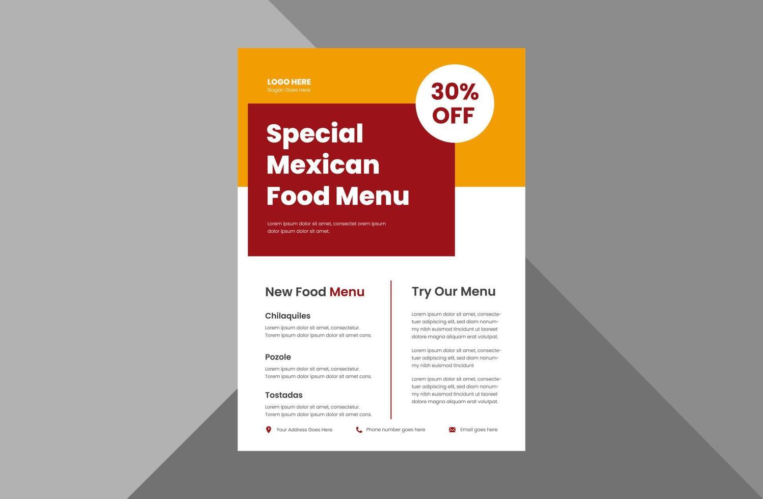 mexikansk matmeny flygblad designmall. speciell mexikansk matrestaurang flygblad designmall. a4-mall, broschyrdesign, omslag, flygblad, affisch, tryckklar vektor
