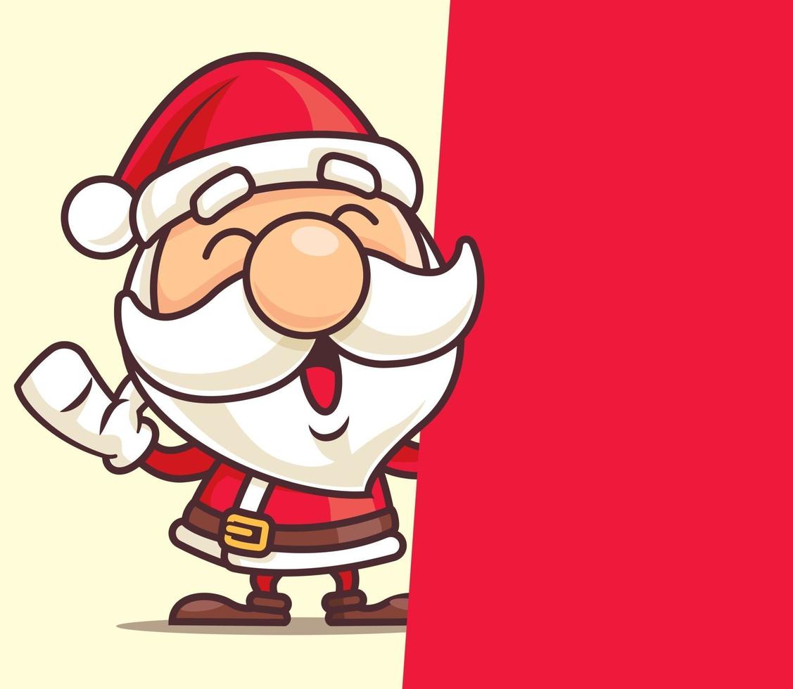 Frohe Weihnachten. Cartoon süßer Weihnachtsmann-Gruß mit großem rotem Schild vektor