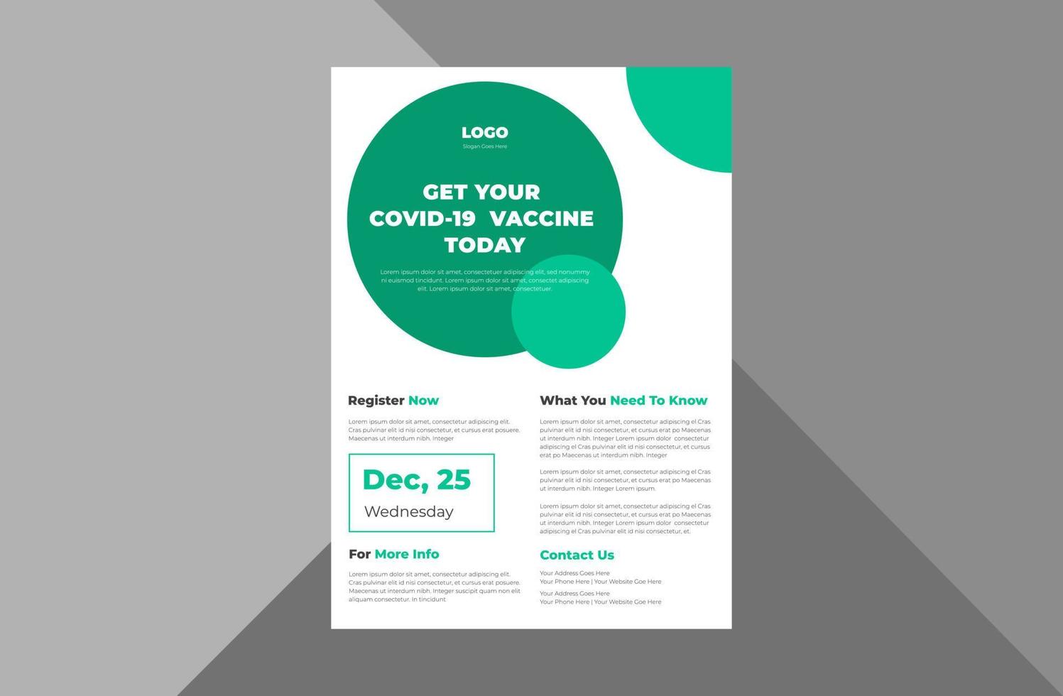 Entwurfsvorlage für Flyer zum Covid-19-Impfprogramm. Design der Packungsbeilage für das Coronavirus-Impfplakat. A4-Vorlage, Broschürendesign, Cover, Flyer, Poster, druckfertig vektor